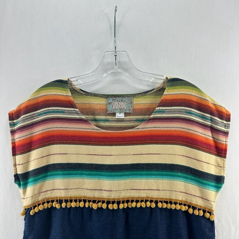 Silverado Southwestern Top Womens XS Boho Piper Pom Pom Trim Serape Striped Blue - Picture 3 of 9